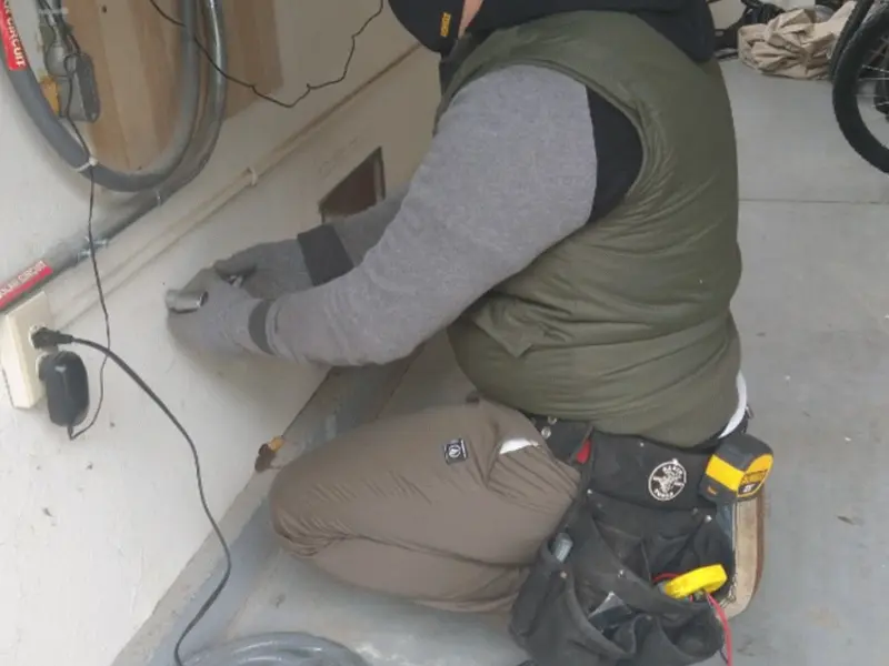 Electrician performing outlet wiring in a Peru garage